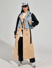 Denim Trench with Faux Leather Detail, Beige