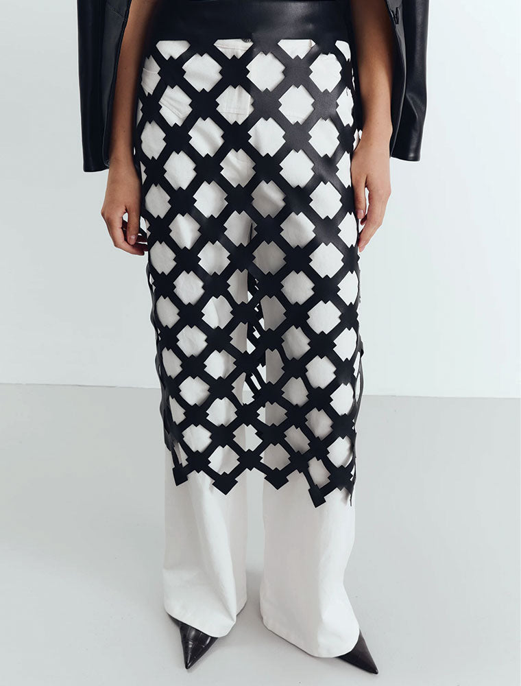 Diamond Cut Vegan Leather Midi Skirt, Black