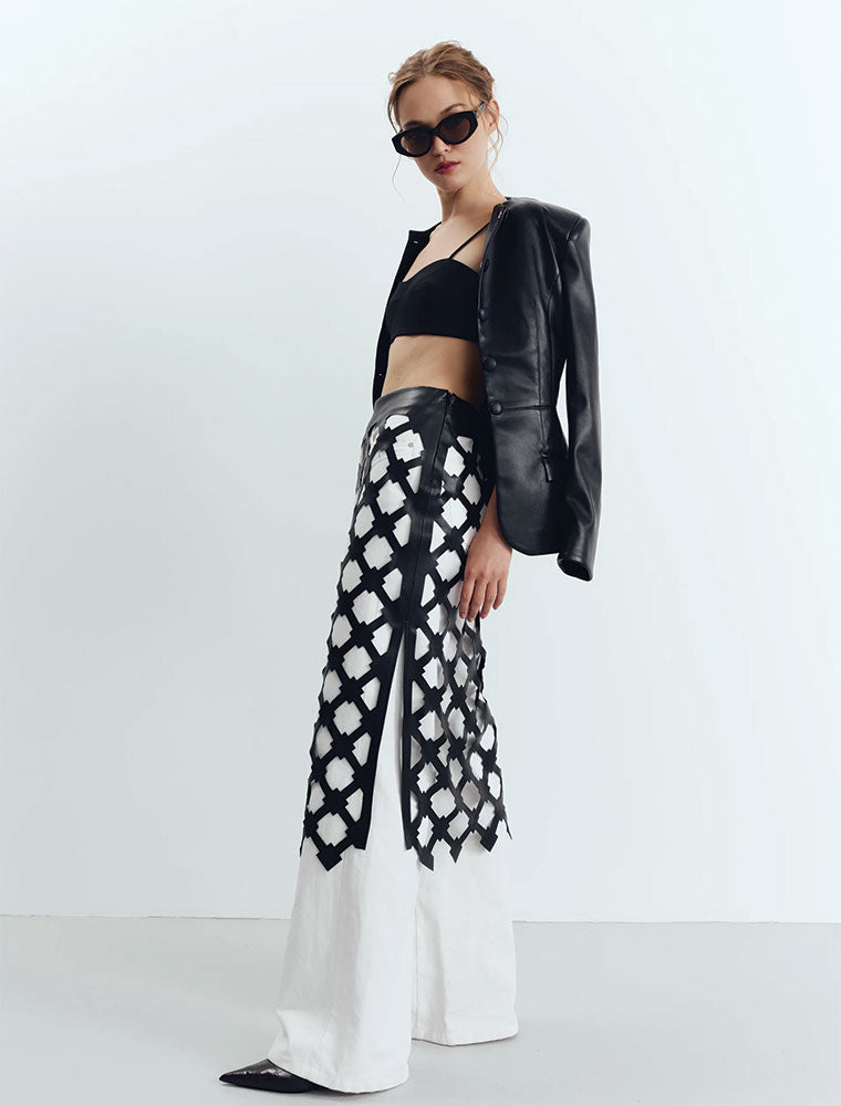 Diamond Cut Vegan Leather Midi Skirt, Black