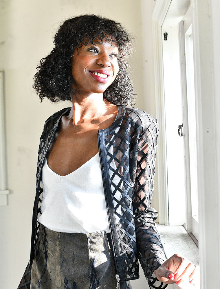 Diamond Mesh Leather Jacket, Black