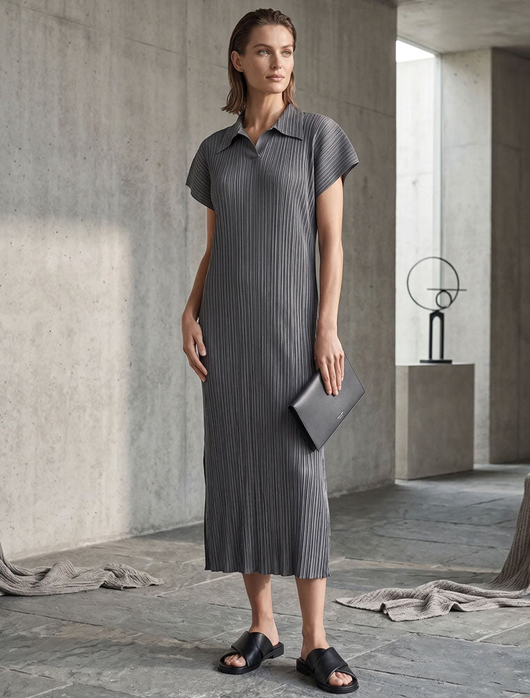Dina Polo Plissé Dress, Charcoal