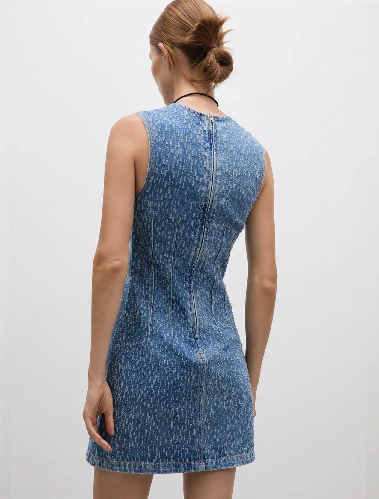 Distressed Sleeveless Denim Dress, Blue