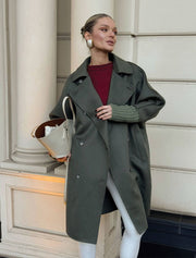 Double-Breasted Cocoon Wool Coat with Knit Cuffs, Green