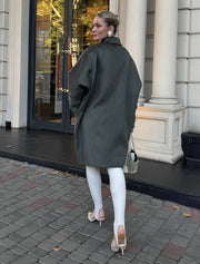 Double-Breasted Cocoon Wool Coat with Knit Cuffs, Green