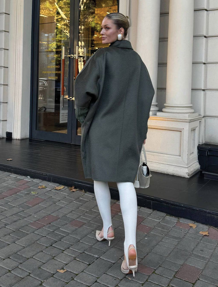 Double-Breasted Cocoon Wool Coat with Knit Cuffs, Green