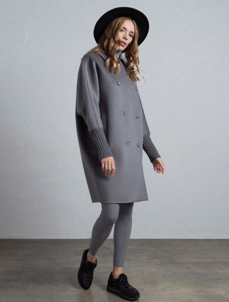 Double-Breasted Cocoon Wool Coat with Knit Cuffs, Grey