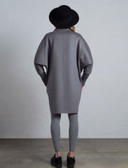 Double-Breasted Cocoon Wool Coat with Knit Cuffs, Grey