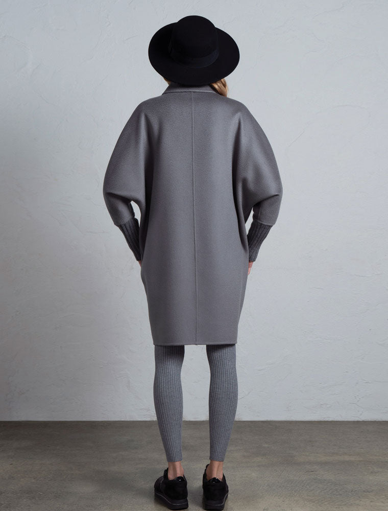 Double-Breasted Cocoon Wool Coat with Knit Cuffs, Grey