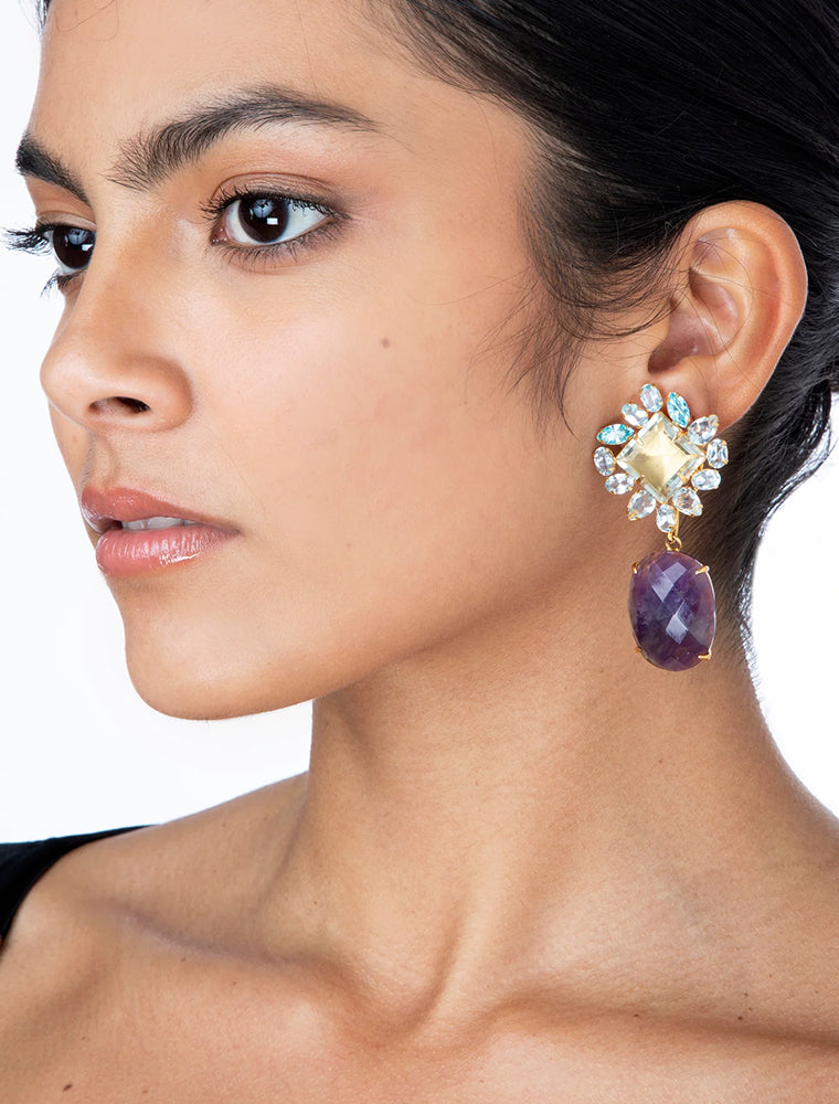 Interchangeable Liana Earrings, Green Amythest and Blue Topaz, 14K Gold Plated