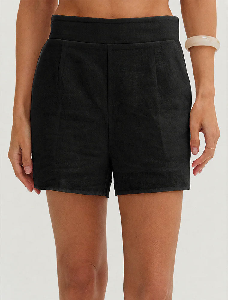 Adjustable Waistline Linen Shorts, Black