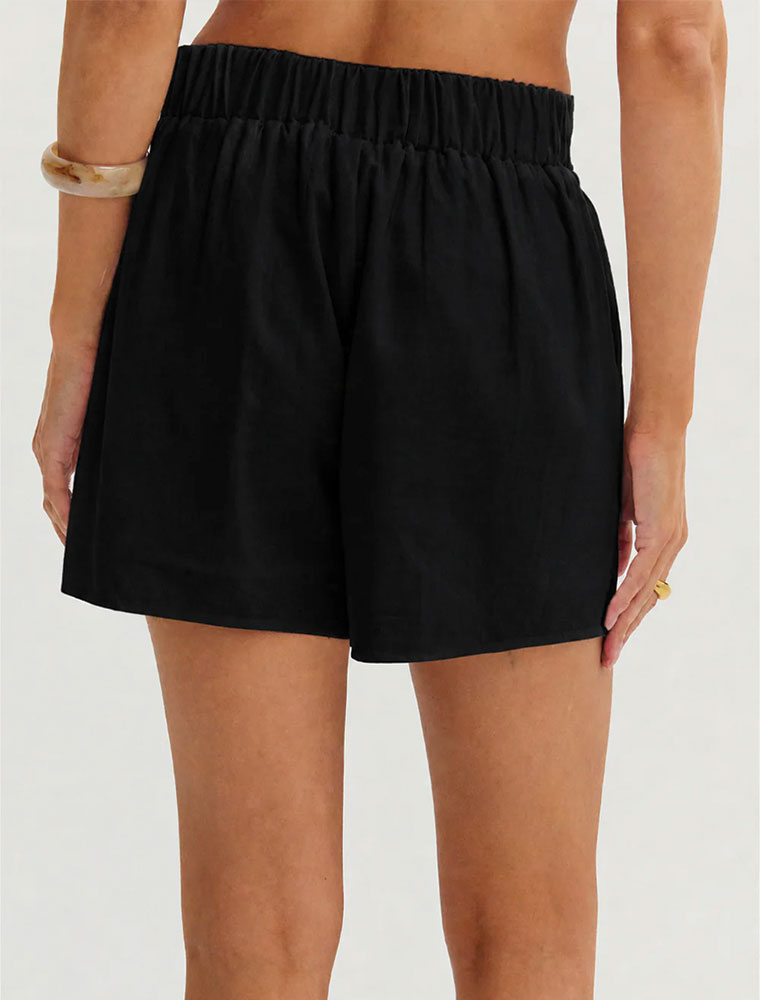 Adjustable Waistline Linen Shorts, Black