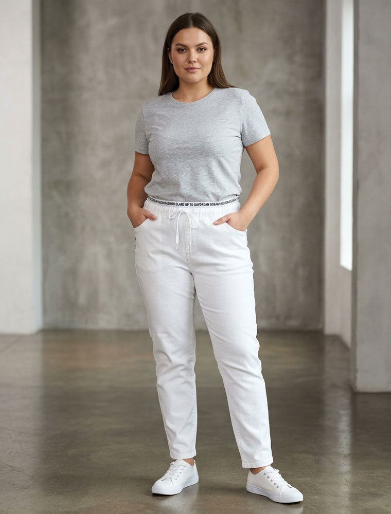 Elastic Waist Drawstring Denim Pants, White