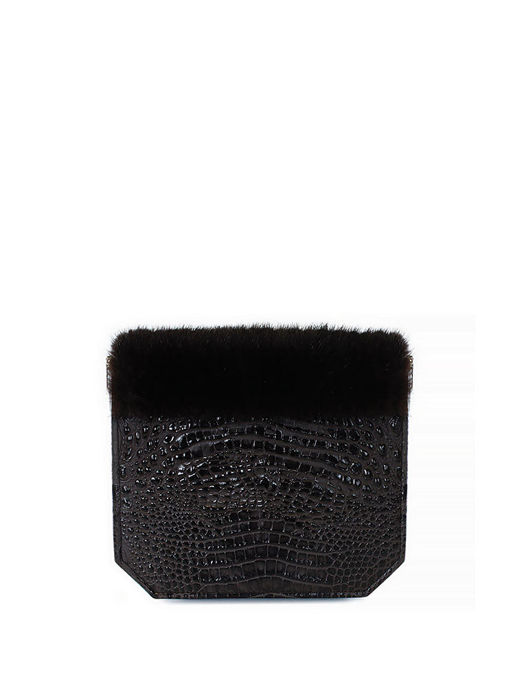 Embossed Croc Radiant Clutch Bag, Dark Brown