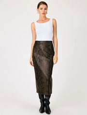Embossed Vegan Leather Midi Skirt with Front Slit, Dark Brown
