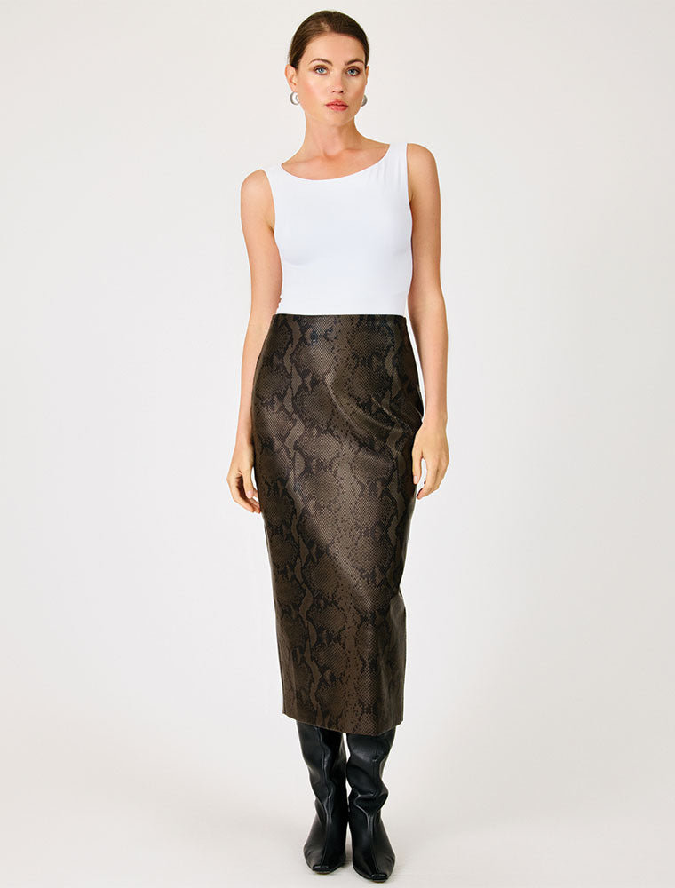 Embossed Vegan Leather Midi Skirt with Front Slit, Dark Brown