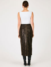 Embossed Vegan Leather Midi Skirt with Front Slit, Dark Brown