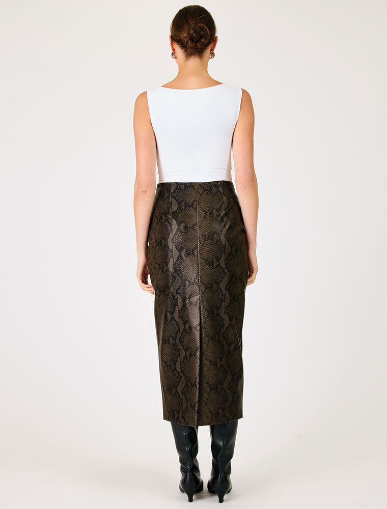 Embossed Vegan Leather Midi Skirt with Front Slit, Dark Brown