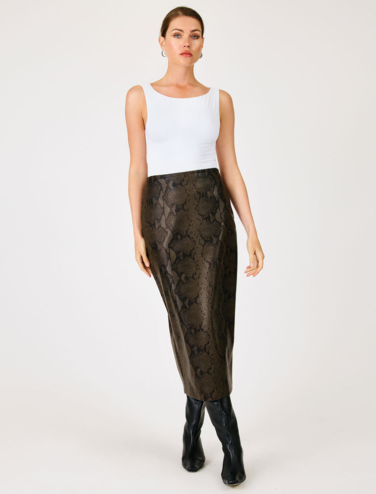 Embossed Vegan Leather Midi Skirt with Front Slit, Dark Brown
