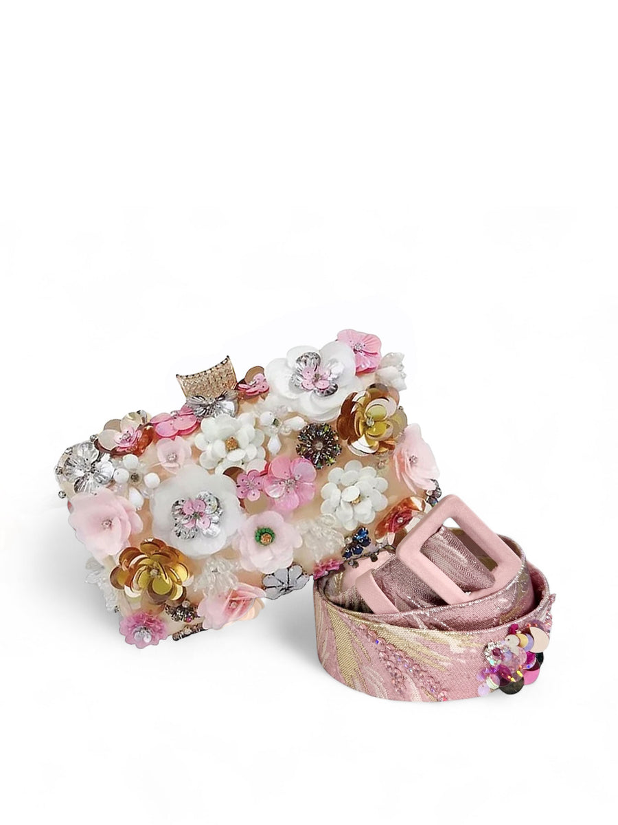 Embroidered Flower Clutch Bag, Beige