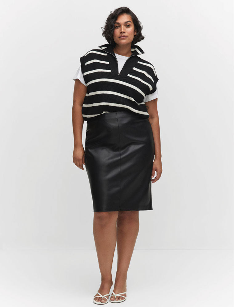 Faux Leather Back Slit Midi Skirt, Black