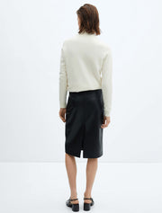 Faux Leather Back Slit Midi Skirt, Black