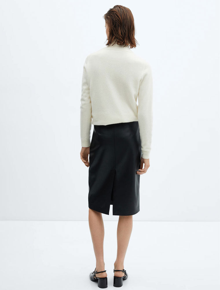 Faux Leather Back Slit Midi Skirt, Black