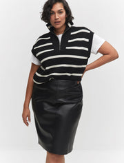 Faux Leather Back Slit Midi Skirt, Black