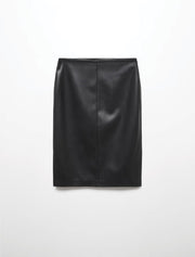 Faux Leather Back Slit Midi Skirt, Black