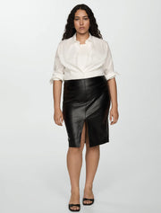 Faux Leather Front Slit Midi Skirt, Black