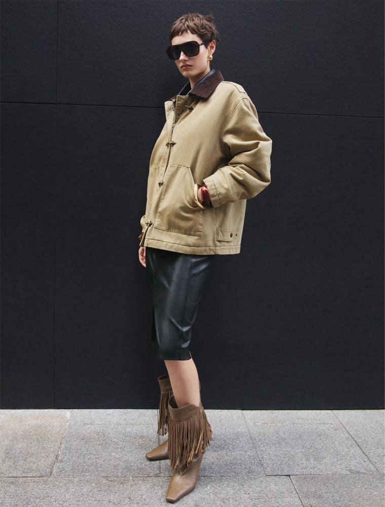 Faux Leather Front Slit Midi Skirt, Black