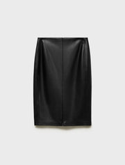 Faux Leather Front Slit Midi Skirt, Black