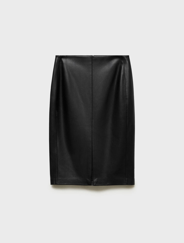 Faux Leather Front Slit Midi Skirt, Black
