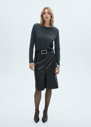 Faux Leather Front Slit Midi Skirt, Black