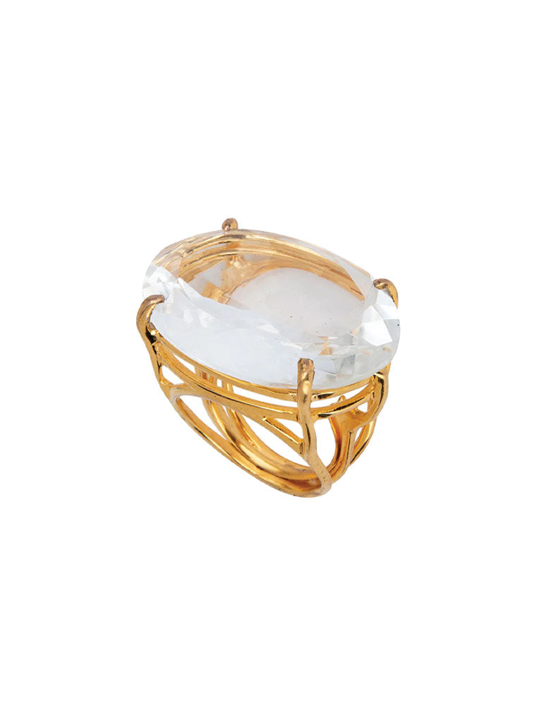 Faye Ring, Checkers Cut Clear Quartz, 14K Gold Plated