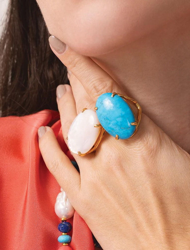 Faye Ring, Checkers Cut Blue Quartz, 14K Gold Plated