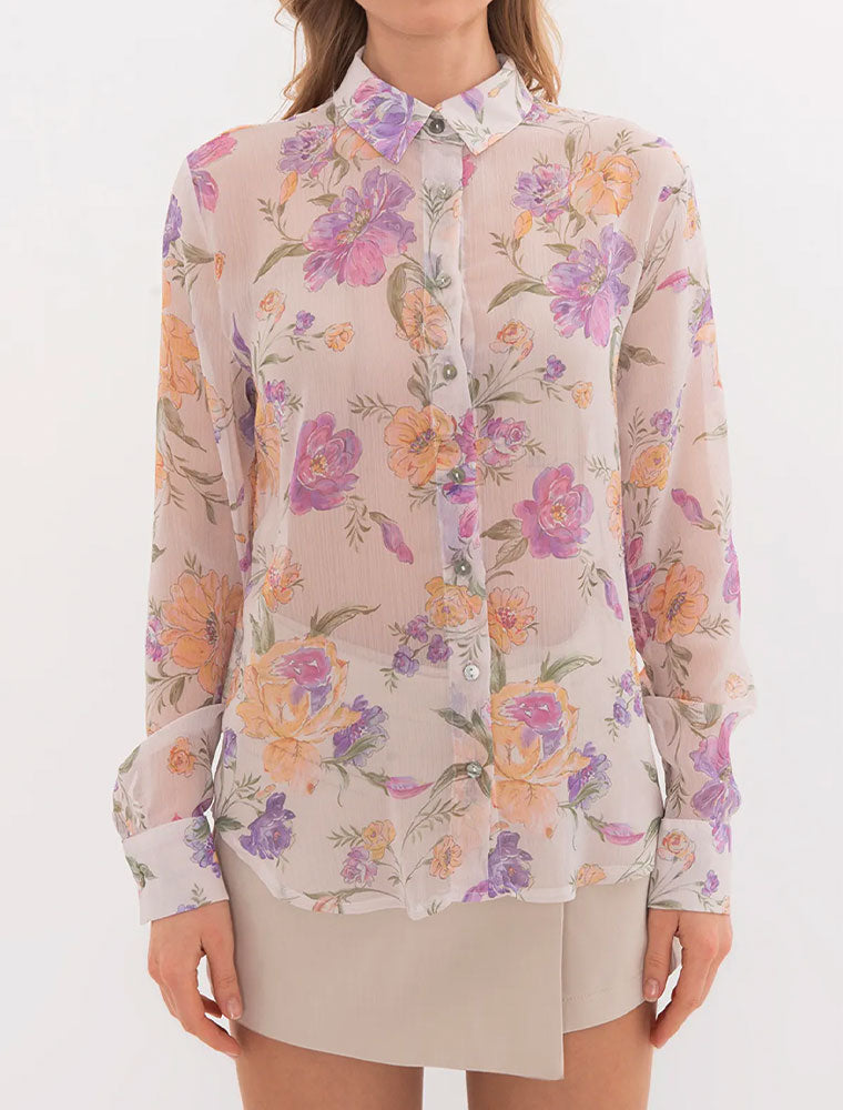 Floral Button-Down Blouse, Ivory