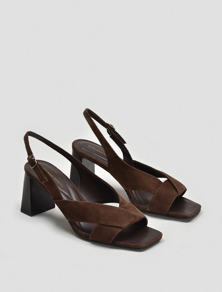 Fold-Over Front Strap Suede Sandals, Dark Brown