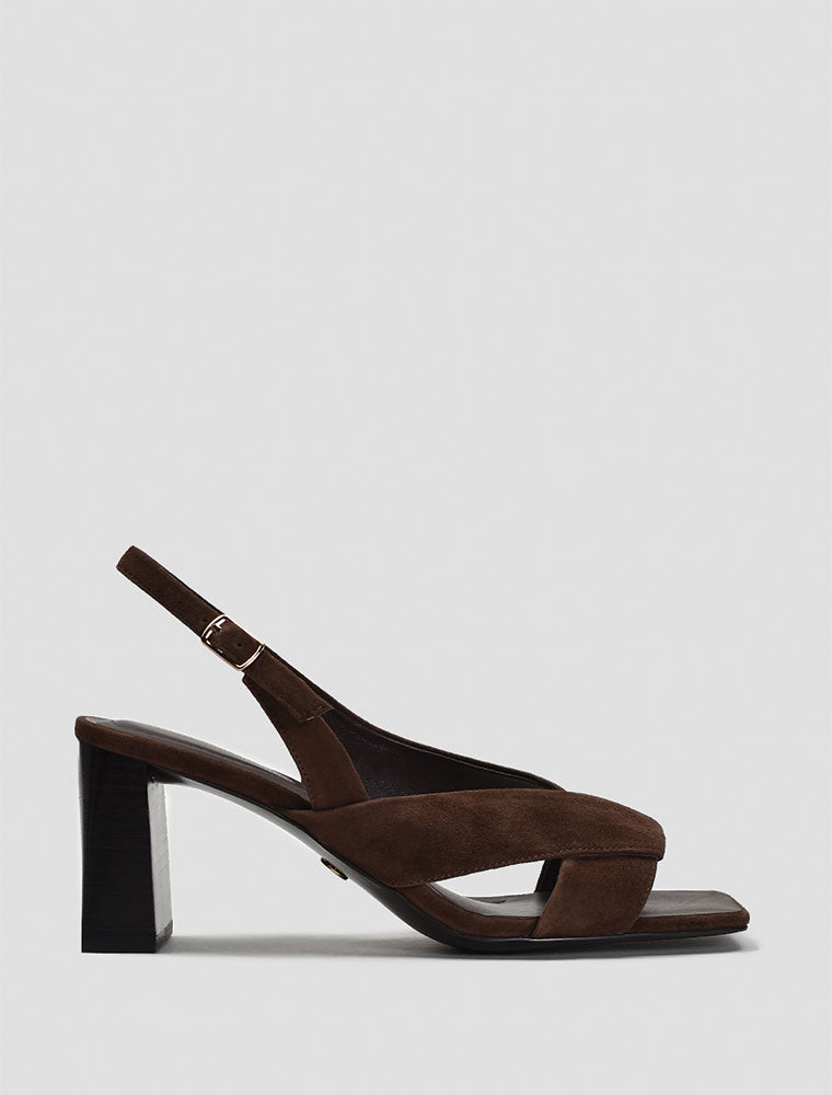 Fold-Over Front Strap Suede Sandals, Dark Brown