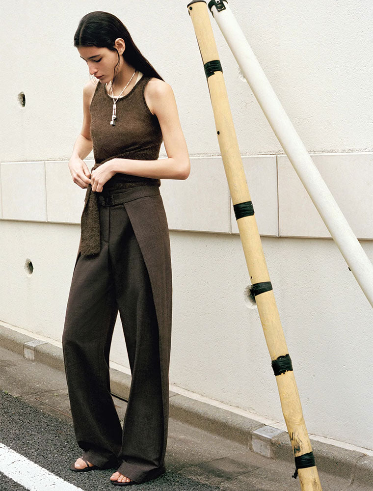 Front Foldover Belted Pants, Dark Brown
