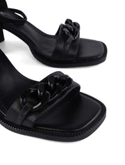 Front Chunky Chain Detail Ankle Strap Sandals, Black