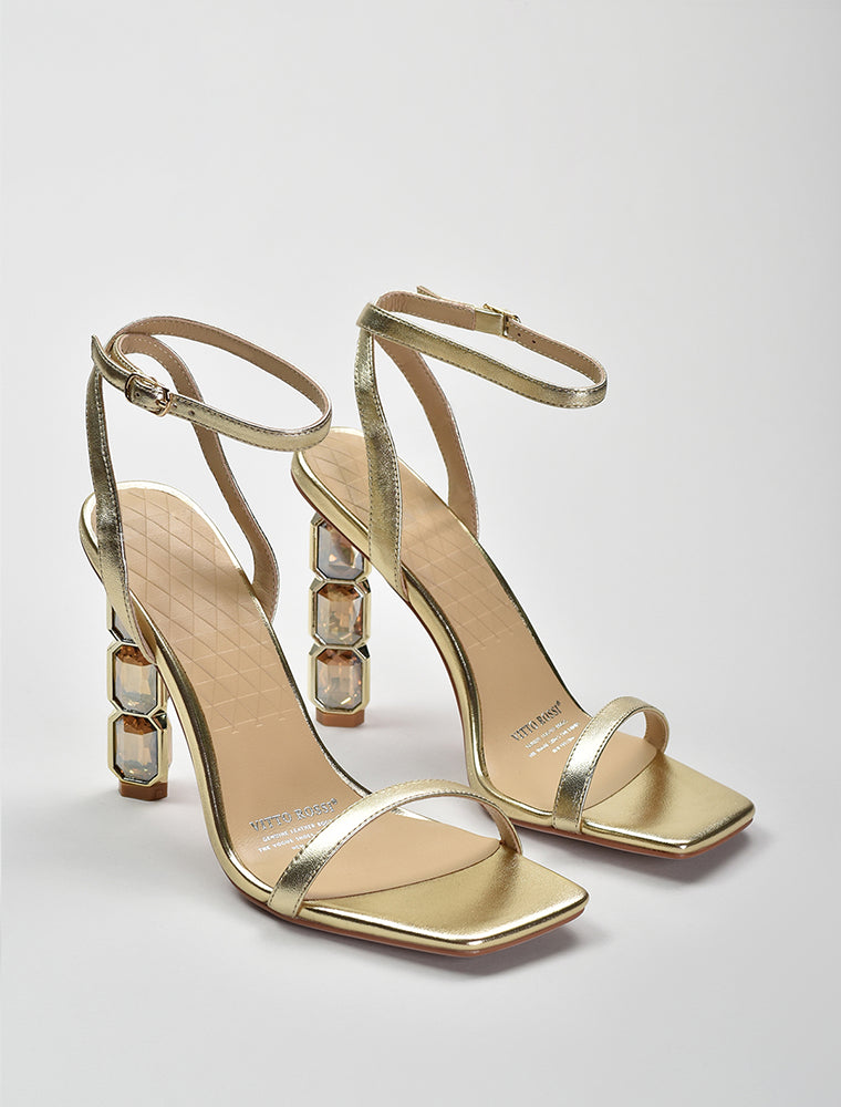 Gem-Stone Heeled Strappy Sandals, Gold