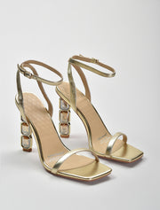 Gem-Stone Heeled Strappy Sandals, Gold