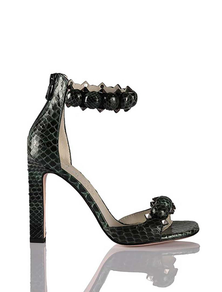 Genuine Python Stiletto Ankle Wrap Sandals, Green