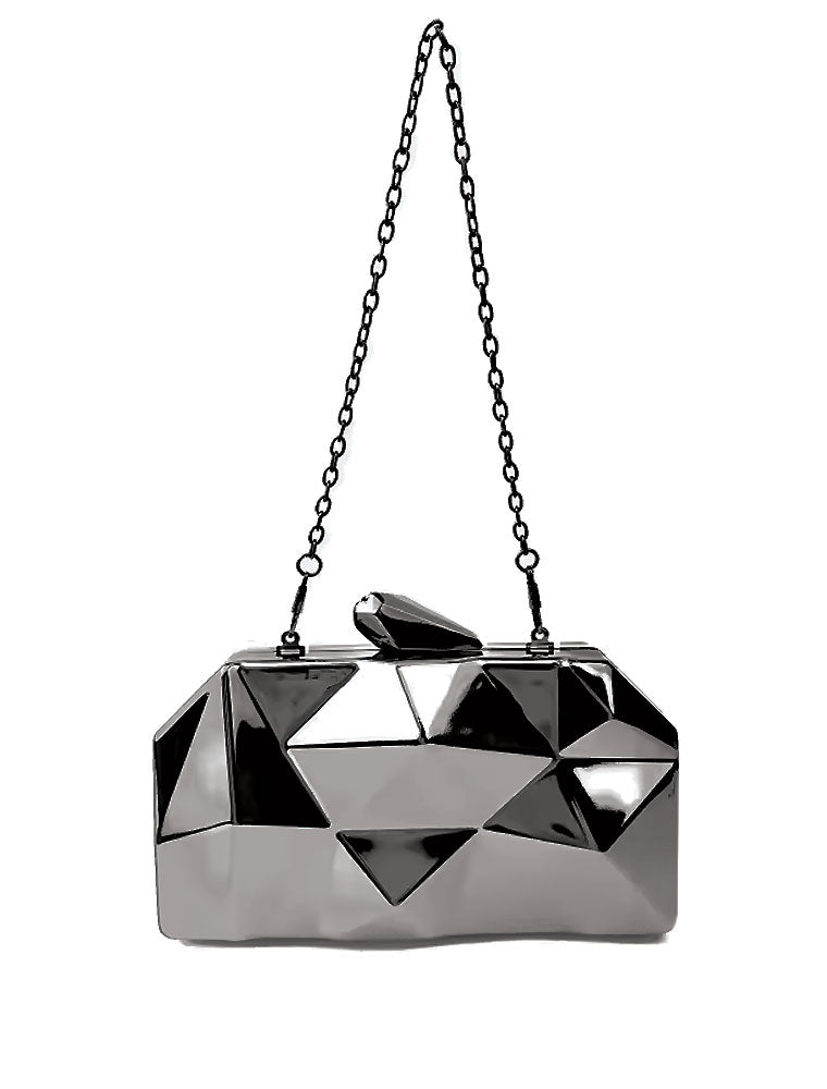 Geometrical Metal Clutch Bag, Gunmetal