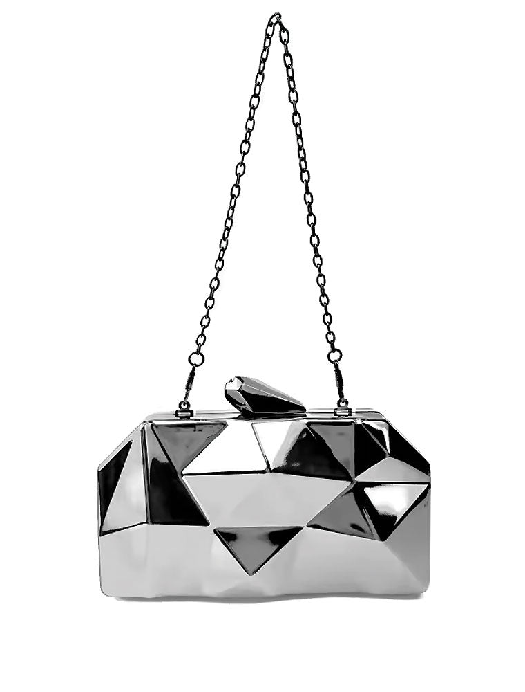 Geometrical Metal Clutch Bag, Silver