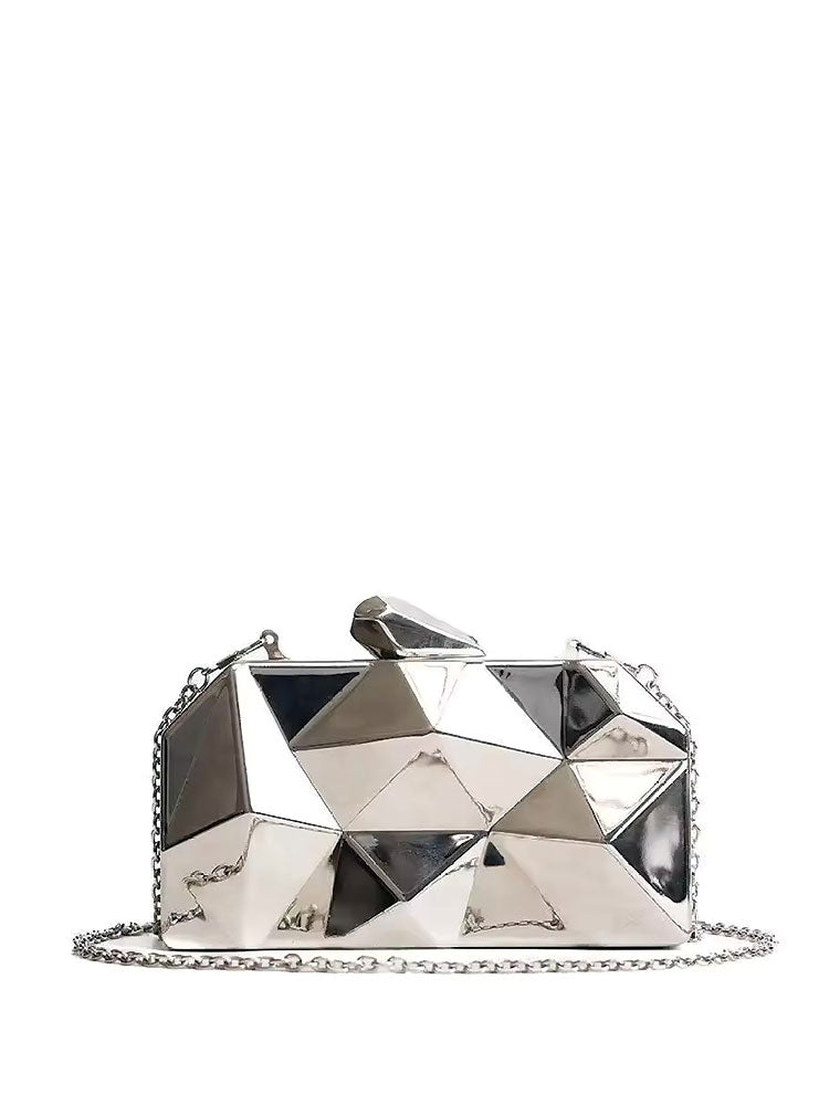 Geometrical Metal Clutch Bag, Silver