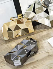 Geometrical Metal Clutch Bag, Silver