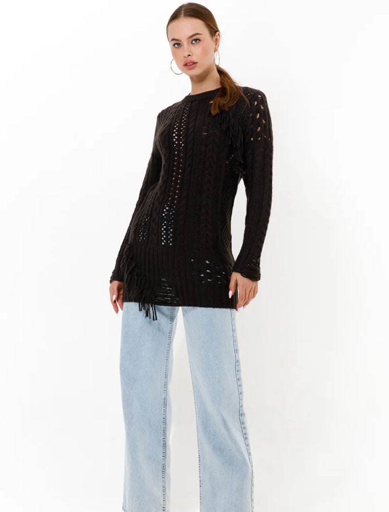 Distressed Fringe Sweater-Dress, Black
