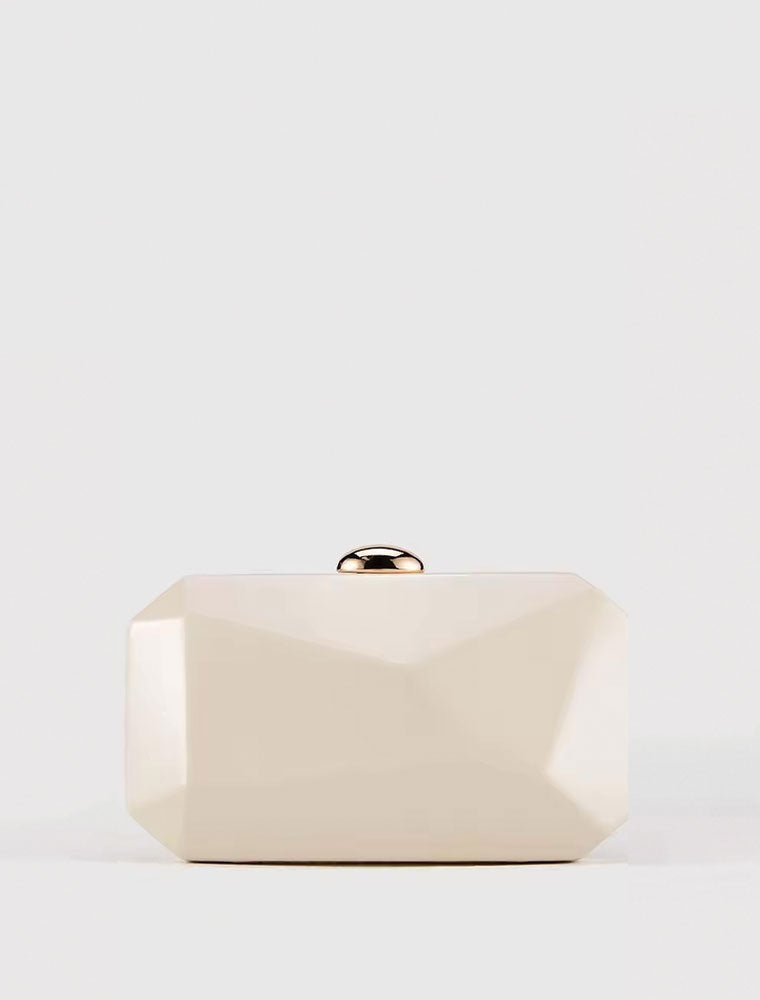 Gold Clasp Geometric PU Leather Clutch Bag, Ivory