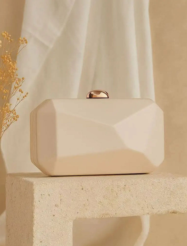 Gold Clasp Geometric PU Leather Clutch Bag, Ivory
